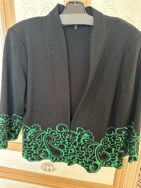 Ming Wang Black Open-Front Jacket with Green Embroidered Border